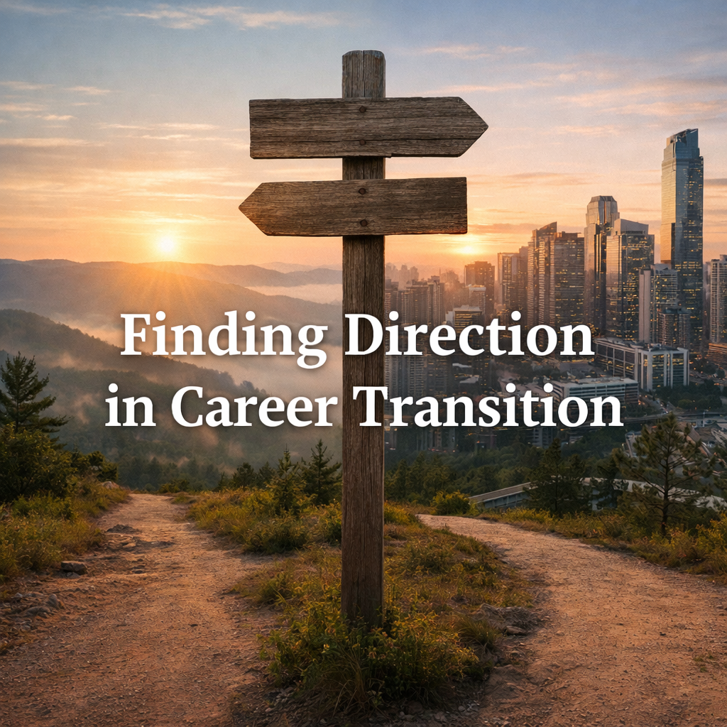 Wooden crossroads sign centered between a mountain trail and a modern city skyline at sunrise, symbolizing career transition choices.